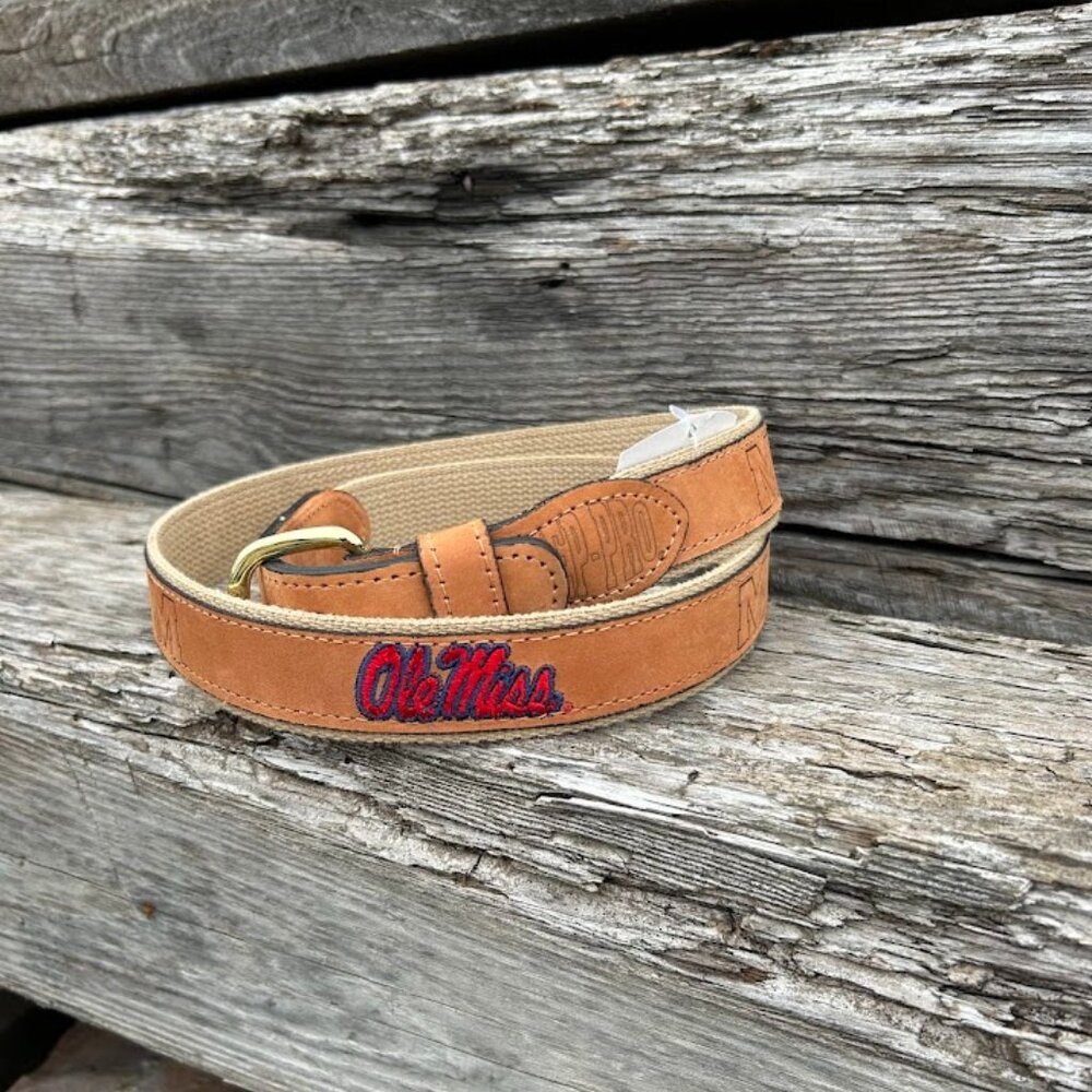 Tan Leather-Trim Canvas Belt with Embroidered Logo